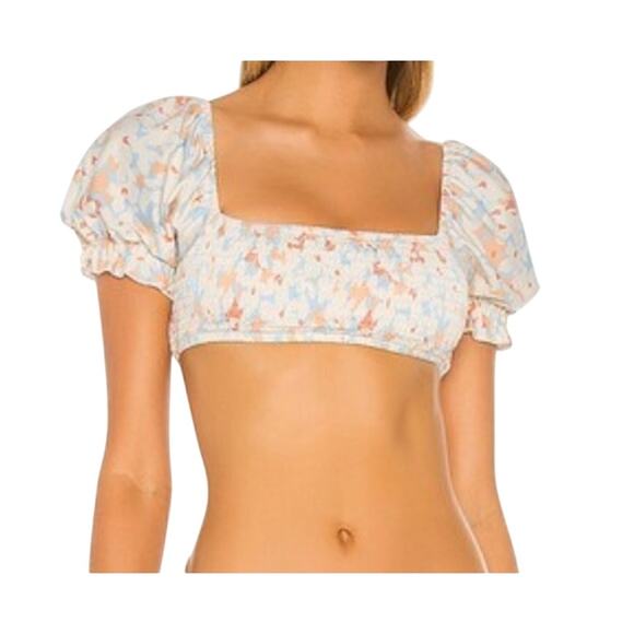 L Space Goldie Bikini Crop Top Medium Smocked Wild Orleander Swimsuit Swim New - Picture 1 of 6